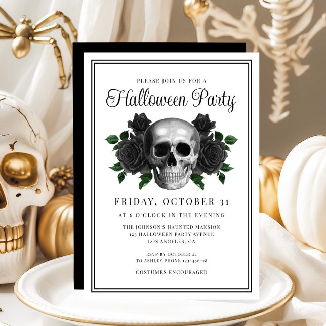 Invitación de Halloween de cráneo floral gótico el (Elegant Gothic Floral Skull Halloween Invitation)
