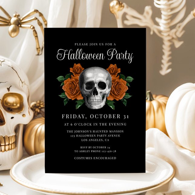 Invitación de Halloween de cráneo floral gótico ne (Black Gothic Floral Skull Halloween Invitation)