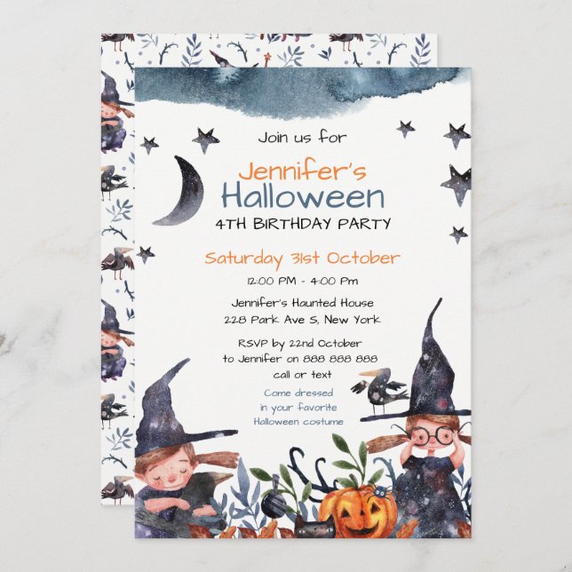 Invitación de Halloween de cumpleaños para niños d (Anverso / Reverso)