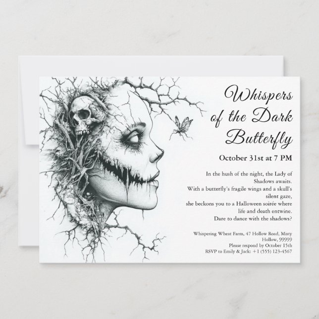 Invitación de Halloween de Dama Oscura – Mariposa  (Anverso)