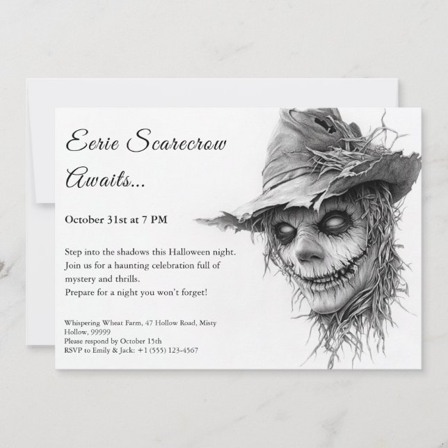 Invitación de Halloween de Eerie Scarecrow en blan (Anverso)