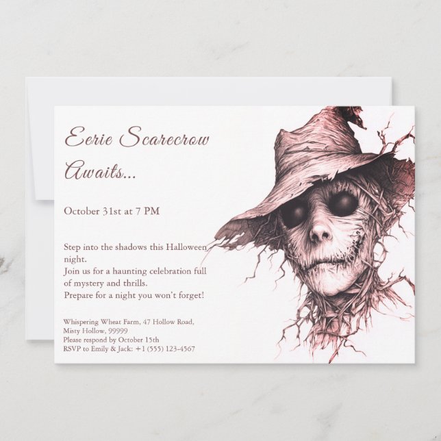 Invitación de Halloween de Eerie Scarecrow en blan (Anverso)