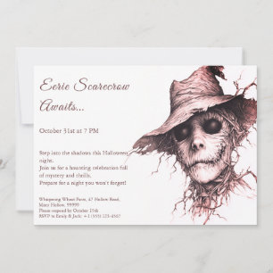 Invitación de Halloween de Eerie Scarecrow en blan