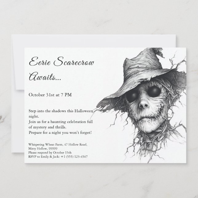 Invitación de Halloween de Eerie Scarecrow en blan (Anverso)