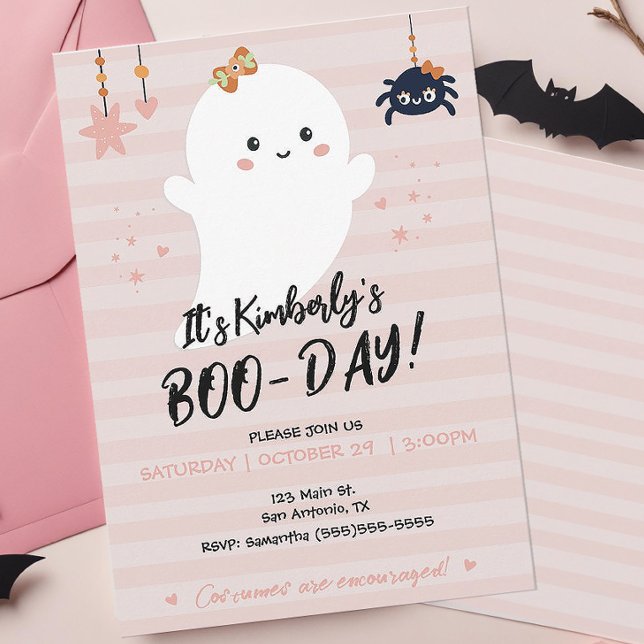 Invitación de Halloween de fantasma Kawaii BOOday (Cute Pink Boo-day Halloween Birthday Party Invitation)