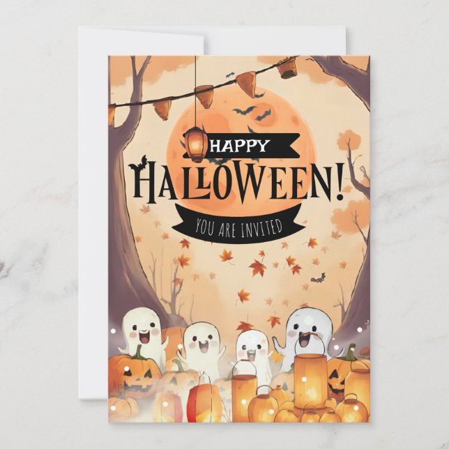 Invitación de Halloween de fantasmas lindos y cala (Anverso)