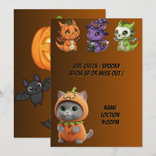Invitación de Halloween de Gatos de Calabaza con D (Anverso / Reverso)
