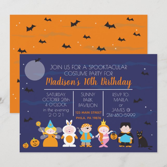 Invitación de Halloween de la fiesta de cumpleaños (Anverso / Reverso)