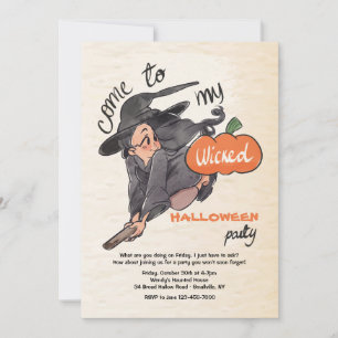 Invitación de Halloween de la pequeña bruja malvad