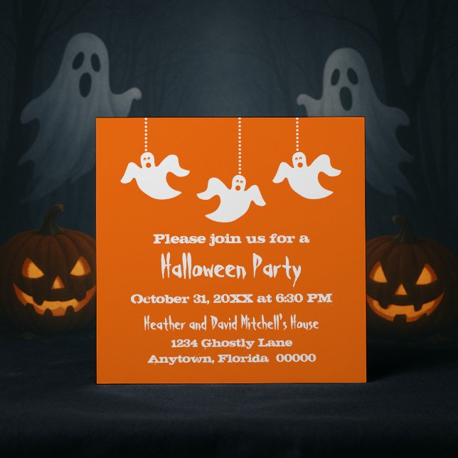 Invitación de Halloween de los fantasmas colgantes (Orange Hanging Ghosts Halloween Party Invitation)