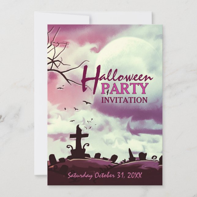 Invitación de Halloween de Luna Llena Rosa Cemente (Anverso)