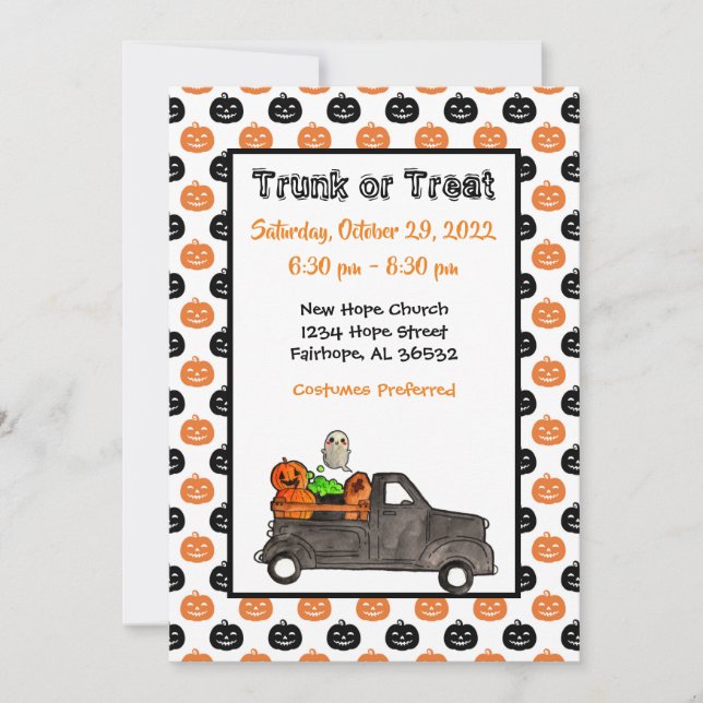 Invitación de Halloween de maletero o trato (Anverso)
