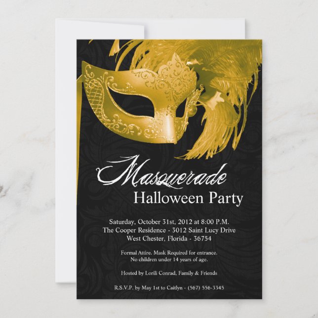 Invitación de Halloween de mascarada amarilla de 5 (Anverso)