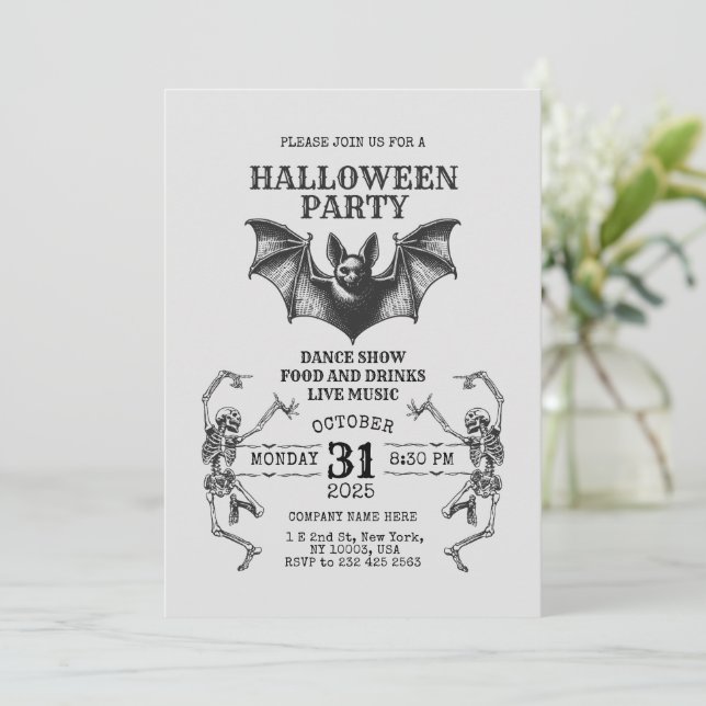 Invitación de Halloween de negocios con esqueletos (Anverso de pie)