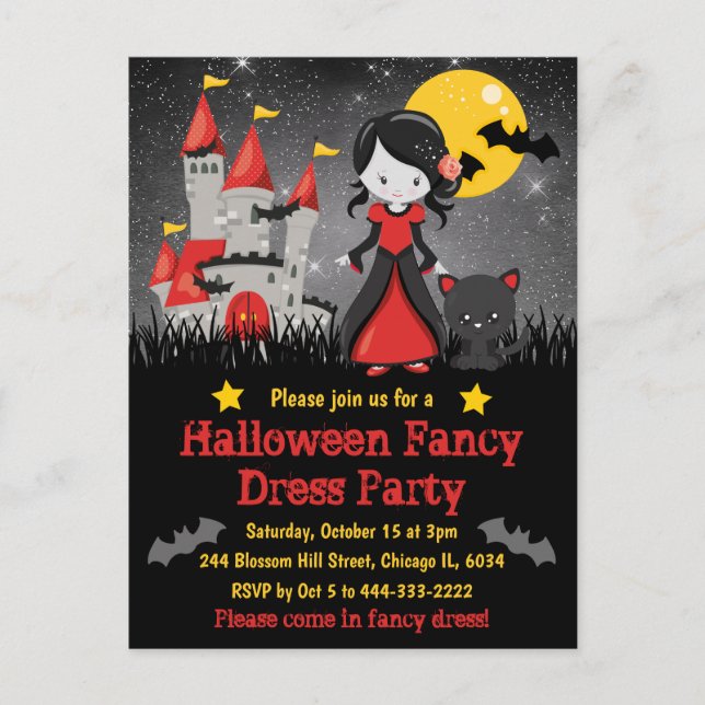 Invitación de Halloween de niña vampiro linda y ca (Anverso)