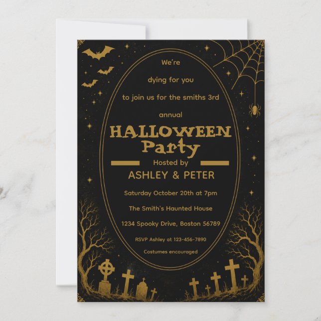 Invitación de Halloween de oro editable para fiest (Anverso)