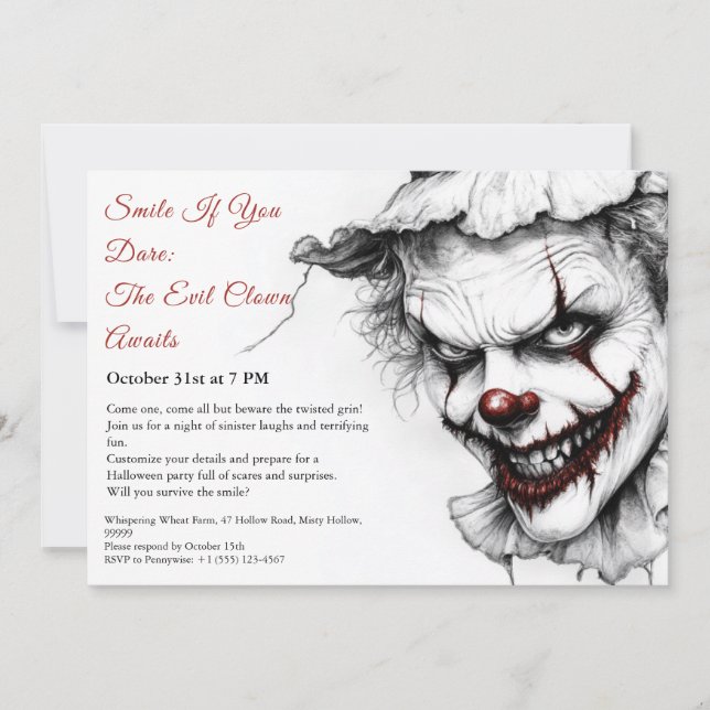 Invitación de Halloween de Payaso Malvado – Sonris (Anverso)