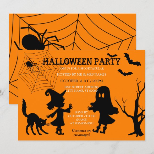 Invitación de Halloween de Spider Web Black Cat (Anverso / Reverso)