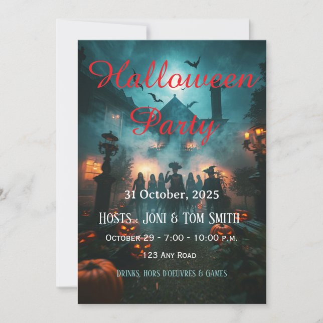 Invitación de Halloween editable de Mansión Embruj (Anverso)