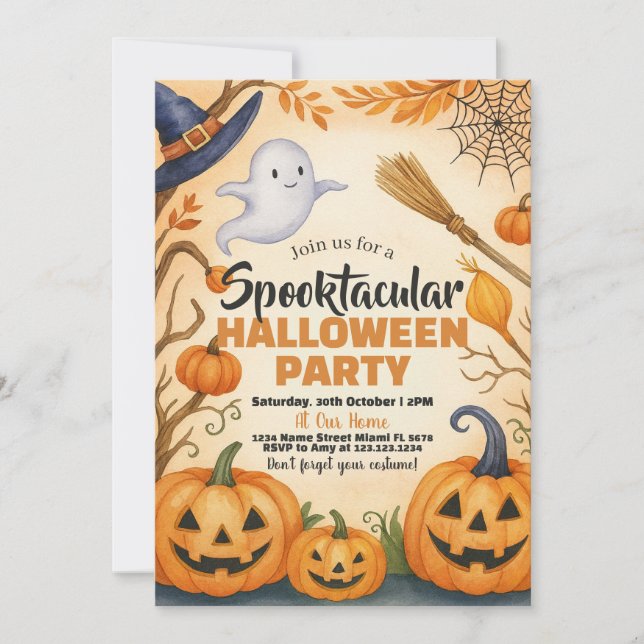 Invitación de Halloween | Fantasma y cementerio de (Anverso)