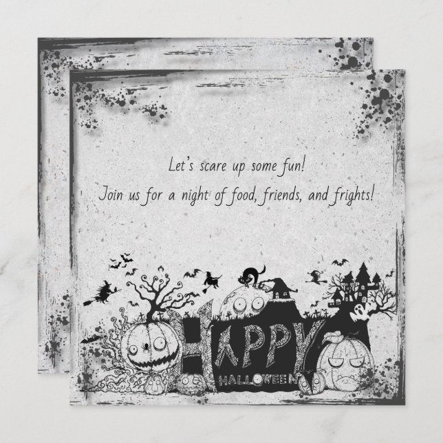 Invitación de Halloween Feliz en blanco y negro (Anverso / Reverso)