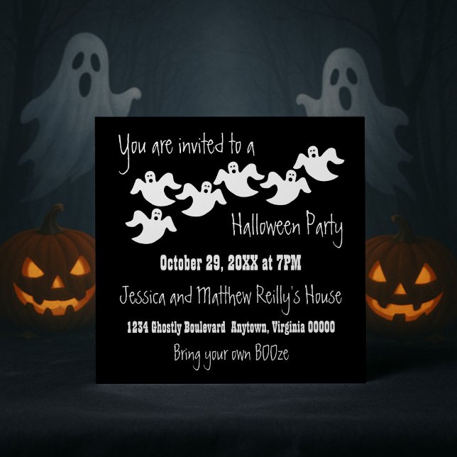 Invitación de Halloween Fiesta fantasma, negro (Black Ghost Party Halloween Invitation)