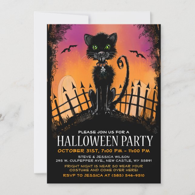 Invitación de Halloween - Gato aterrador en cement (Anverso)