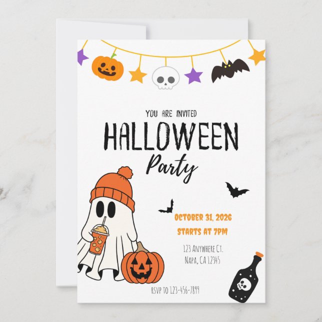 Invitación de Halloween ilustrativa negra y Naranj (Anverso)