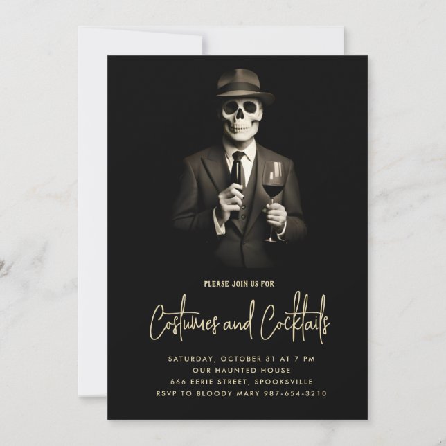 Invitación de Halloween para adultos con esqueleto (Anverso)