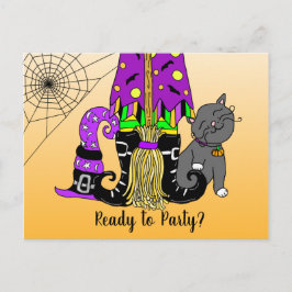 Invitación de Halloween para brujas, gatos y araña