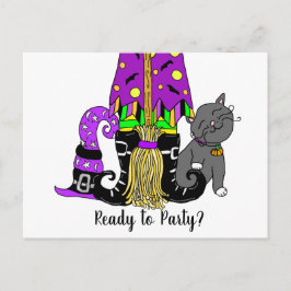 Invitación de Halloween para brujas, gatos y araña