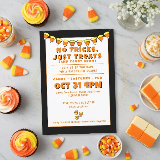 Invitación de Halloween para fiesta de disfraces c (No tricks just all the treats at your candy corn costume party. Add your details and eat them all)
