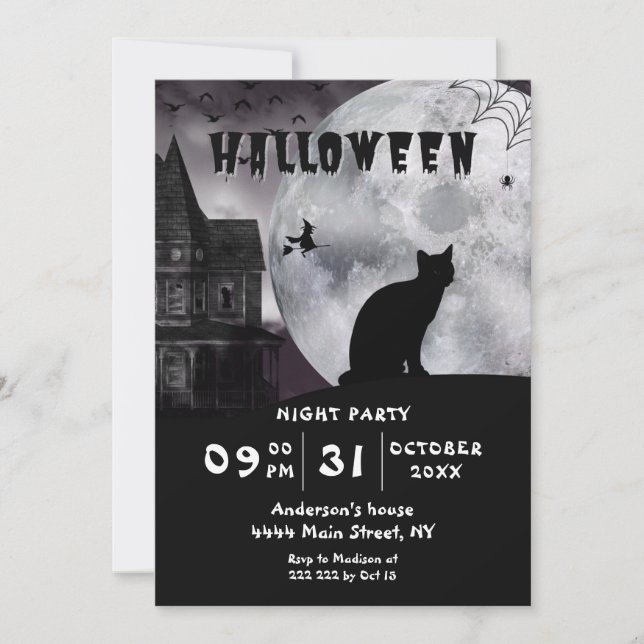 Invitación de Halloween para Gato Negro (Anverso)
