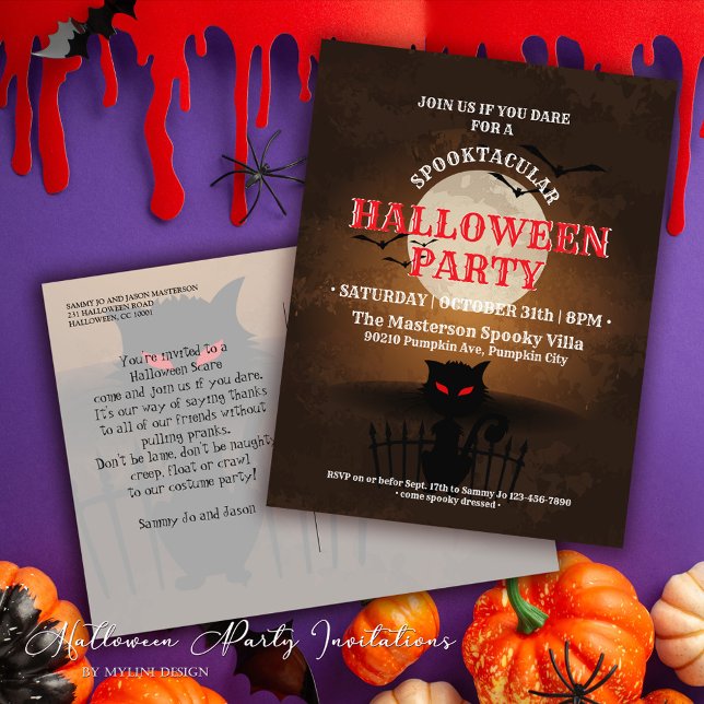 Invitación de Halloween para Gato Negro y Bats esp (Subido por el creador)