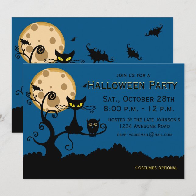 Invitación de Halloween para gatos, murciélagos y  (Anverso / Reverso)