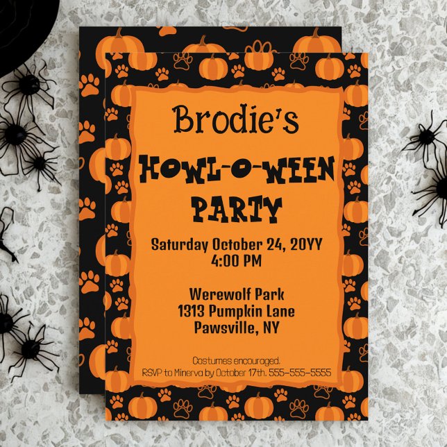 Invitación de Halloween para la fiesta de perros H (Plan a Howl-O-Ween party for your pup with this cute pumpkins and paws dog Halloween party invite)