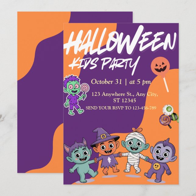 Invitación de Halloween para niños con monstruos d (Anverso / Reverso)