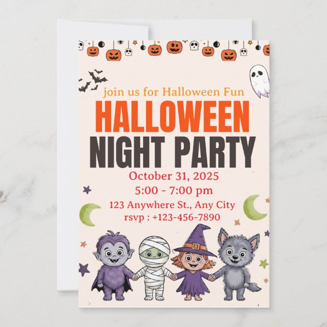 Invitación de Halloween para niños lindos y espelu (Anverso)