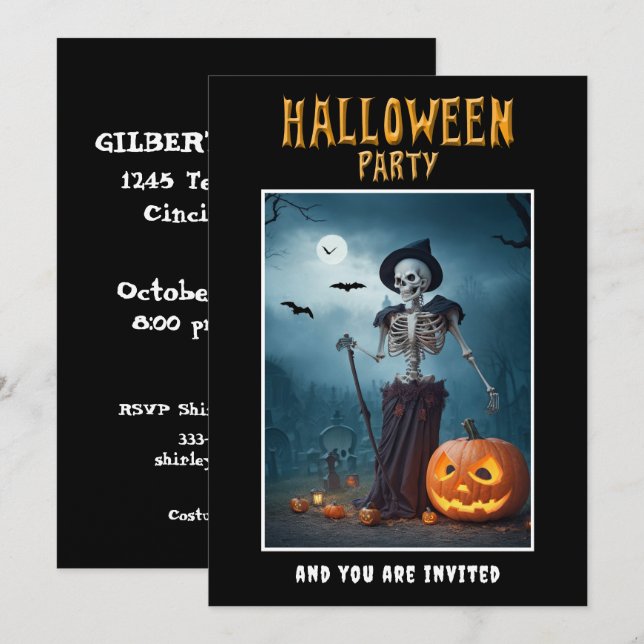 Invitación de Halloween Party Skeleton y calabazas (Anverso / Reverso)