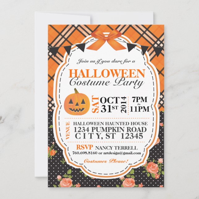 Invitación de Halloween Plaid & Floral (Anverso)