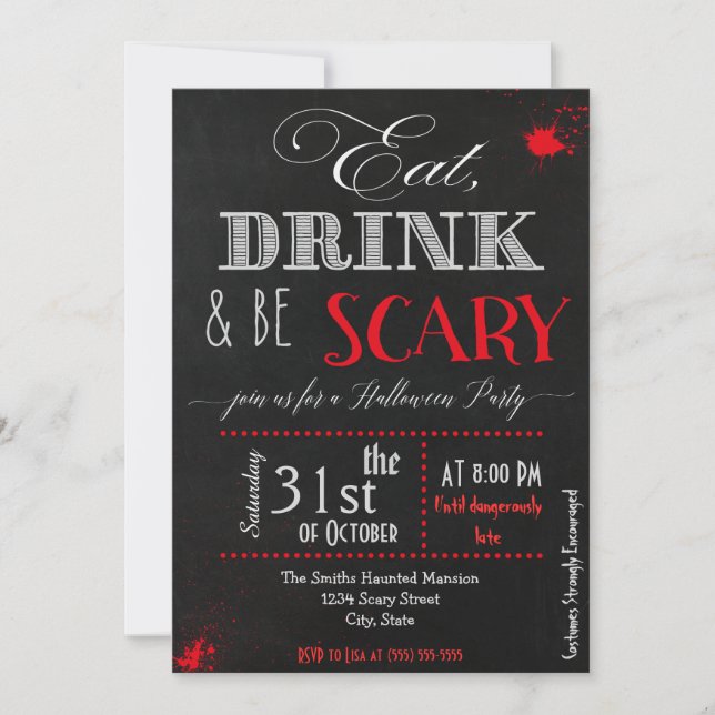 Invitación de Halloween roja asustarse comer beber (Anverso)