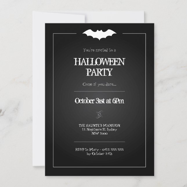 Invitación de Halloween, tema del murciélago blanc (Anverso)
