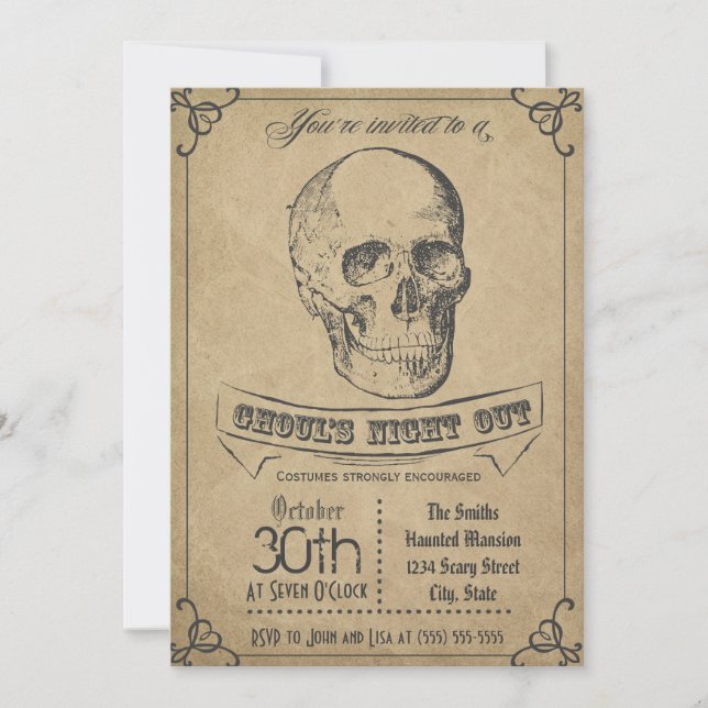Invitación de Halloween vintage de cráneo (Anverso)