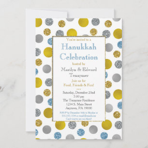 Invitación de Hanukkah con puntos azules de plata
