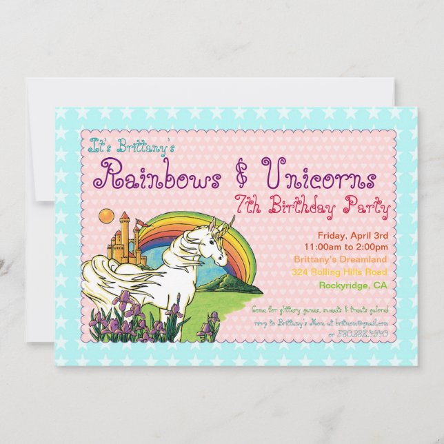Invitación de Hearts Stars Rainbow y Unicorns (Anverso)