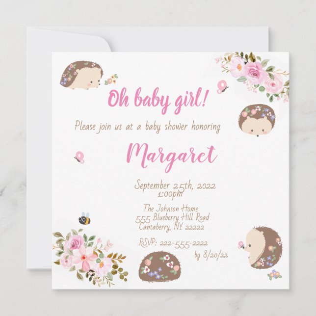Invitación de Hedgehog Baby Shower a la niña (Anverso)