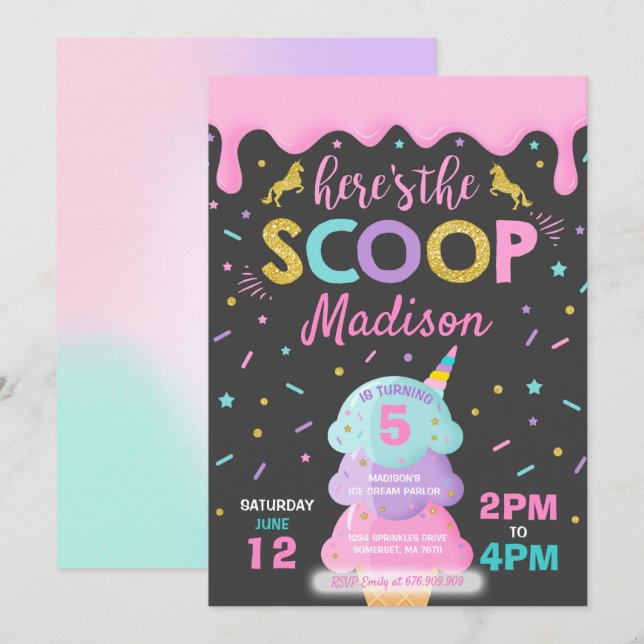 Invitación de helados de unicornio Fiesta de helad (Anverso / Reverso)
