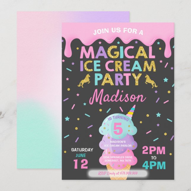 Invitación de helados de unicornio Fiesta de helad (Anverso / Reverso)