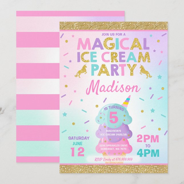 Invitación de helados de unicornio Fiesta de helad (Anverso / Reverso)
