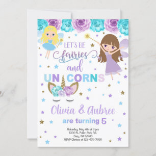 Invitación de hermanos chicas de Fairies y unicorn